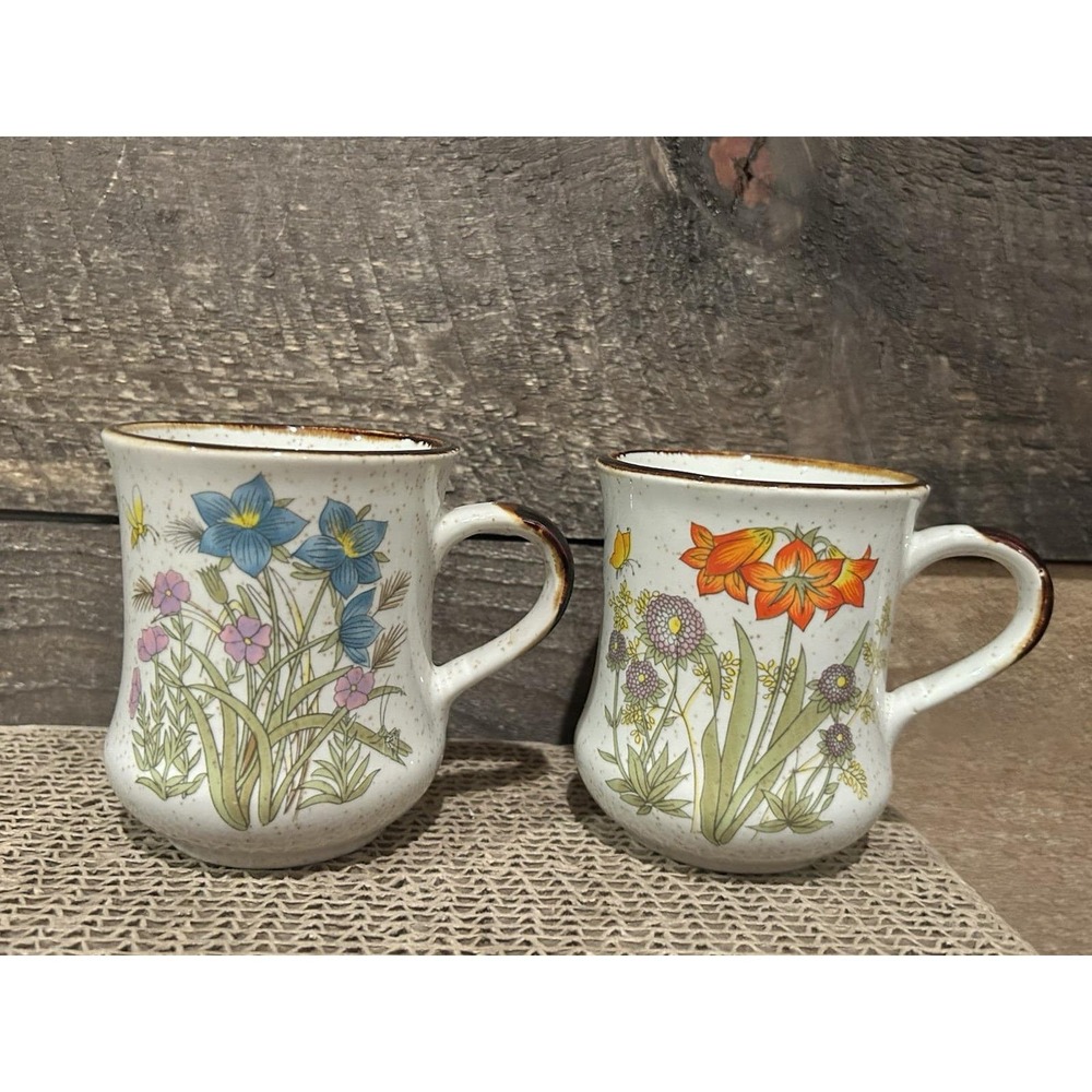 Vintage Takahashi Speckled Stoneware Floral Coffee Mugs Lot‎ Of 2 Retro Blue